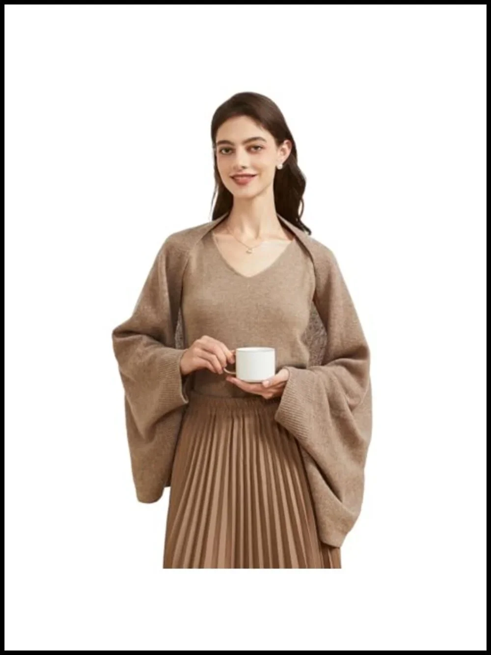 Lightweight Wool Shawl Wrap with Sleeves Open Front Poncho Cape